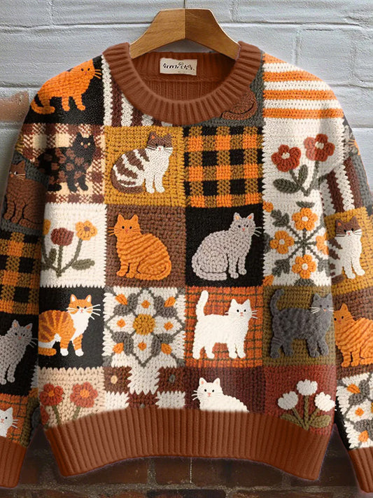 Comstylish Women's Fall Floral Cat Crochet Pattern Cozy Knit Sweater