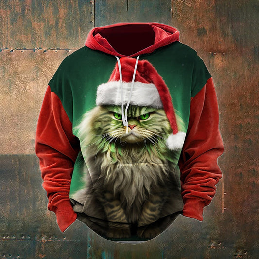 Men's Santa's Cat Christmas Pattern Pocket Hoodie elevenforest