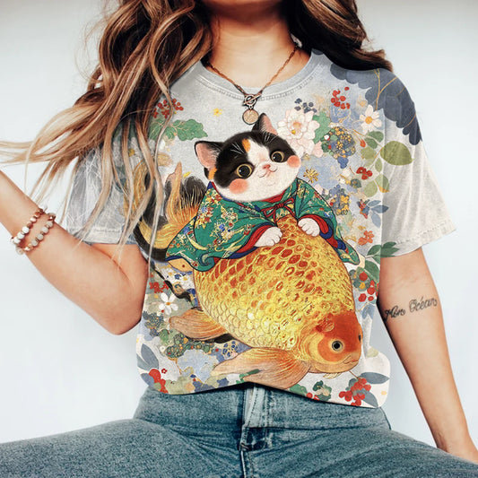 Cat In Kimono Riding A Carp T-shirt