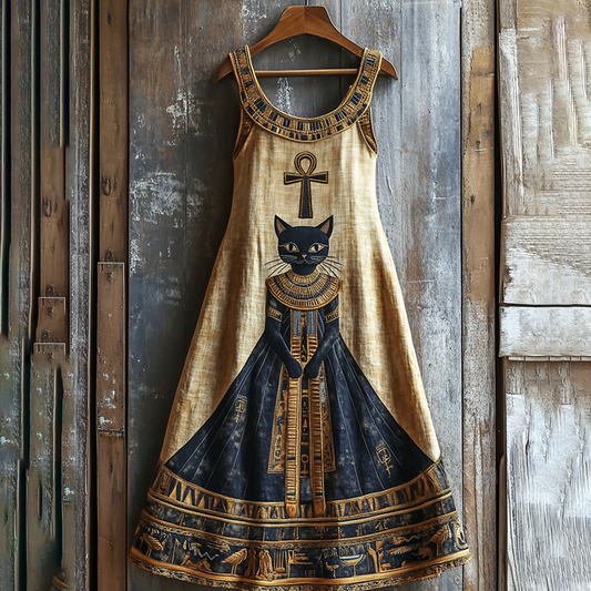 Vintage Ancient Egyptian Bastet Art Black Cat Graphics Linen Sleeveless Mini Dress