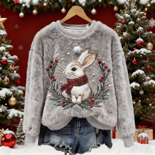 Women's Christmas Bunny Embroidery Pattern Plush Sweatshirt artswardrobe