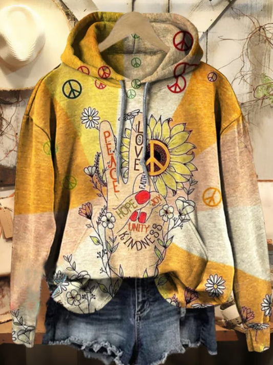Comstylish Women's Retro Hippie Print Hoodie Sweatshirt