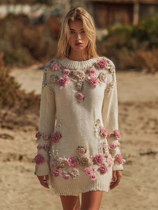 Vintage Boho Three-dimensional Floral Women's Knitted Mini Dress elevenforest