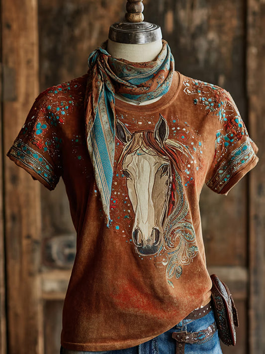 Women's Casual Vintage Western Horse Design Printed Crew Neck T-shirt artswardrobe