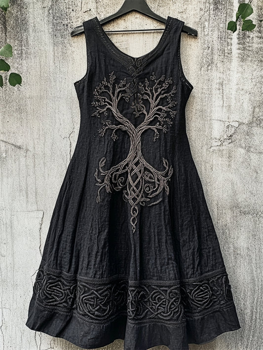 Vintage Tree Of Life Celtic Embroidered Linen Dress artswardrobe