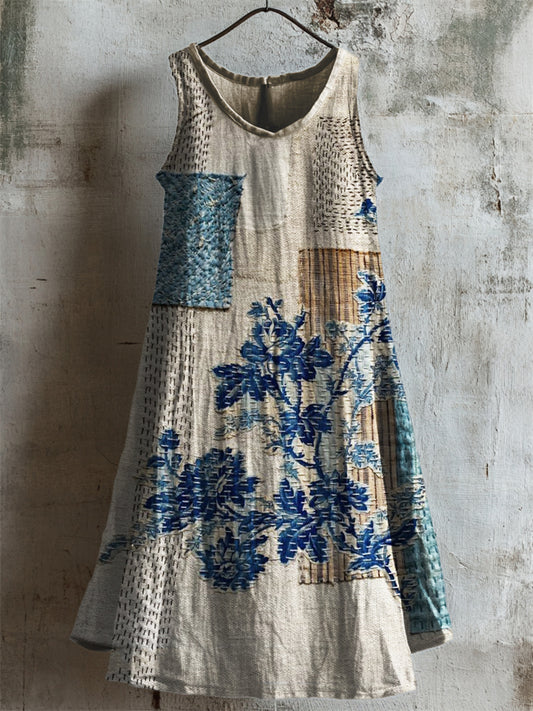 Vintage Classy Floral Textile Linen Tank Dress artswardrobe