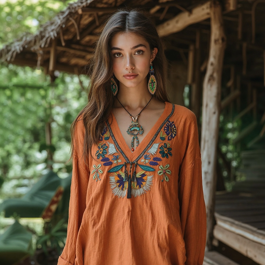 Retro  Floral Tribal Embroidery Print Cotton And Linen Blend Loose Blouse artswardrobe