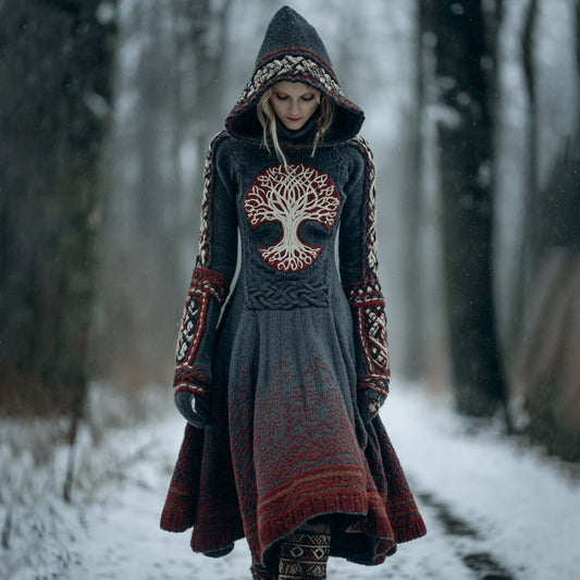 Women's Vintage Celtic Tree Of Life Contrast Hooded Sweater Midi Dress elevenforest
