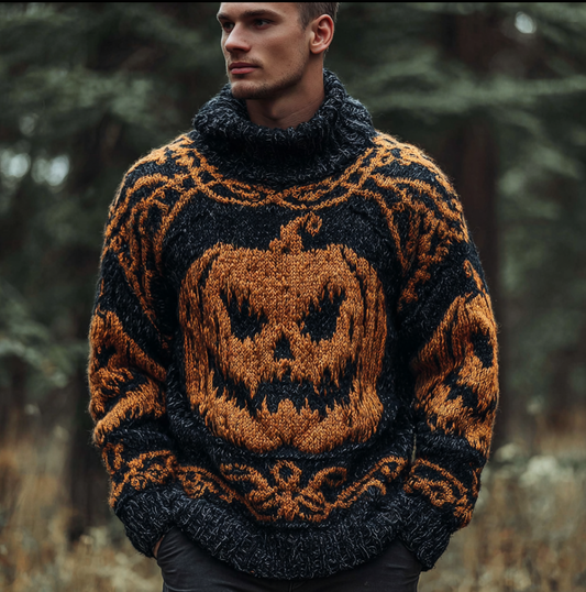 Halloween Pumpkin Pattern Design Dark Retro Men's Thick Sweater Top artswardrobe
