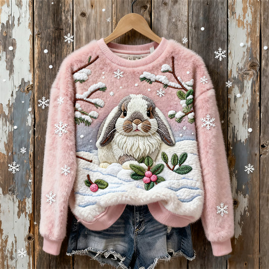 Comstylish Lovely Bunny In The Snow Cozy Plush Sweatshirt