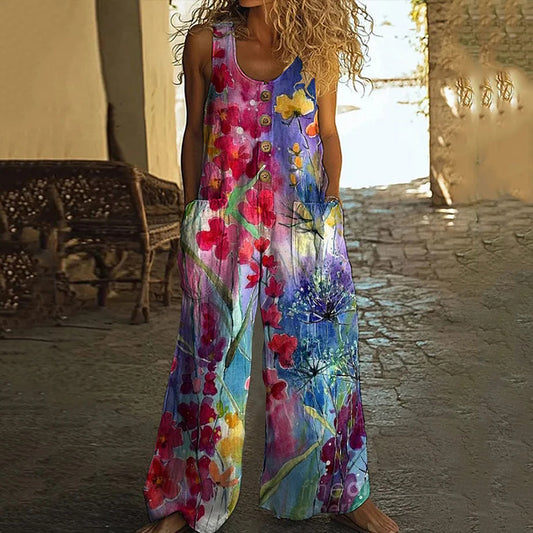 Women's Floral Print Wide Leg Casual Jumpsuit artswardrobe