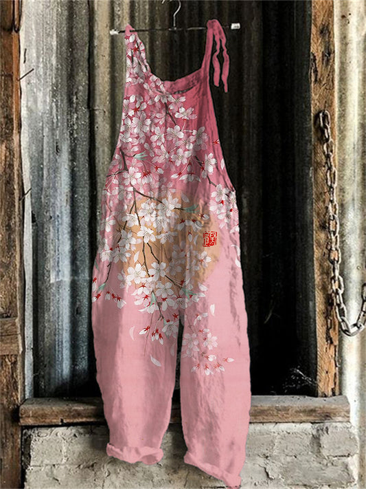 Comstylish Cherry Blossom Full Moon Japanese Art Linen Blend Jumpsuit
