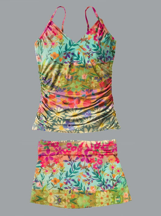 V-Neck Retro Floral Stripes Gradient Art Print Suspender Skirt Tankini Pantskirt Set Swimsuit