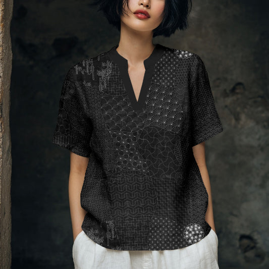 Comstylish Japanese Traditional Sashiko Art Comfy Linen Tunic