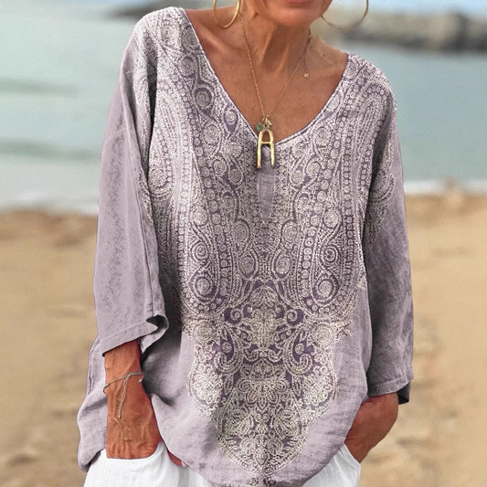 Retro Ethnic Print V-neck Loose T-shirt artswardrobe