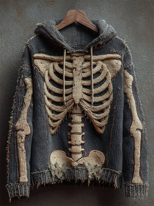 Halloween Skeleton Vintage Distressed Cozy Knit Hooded Sweater elevenforest