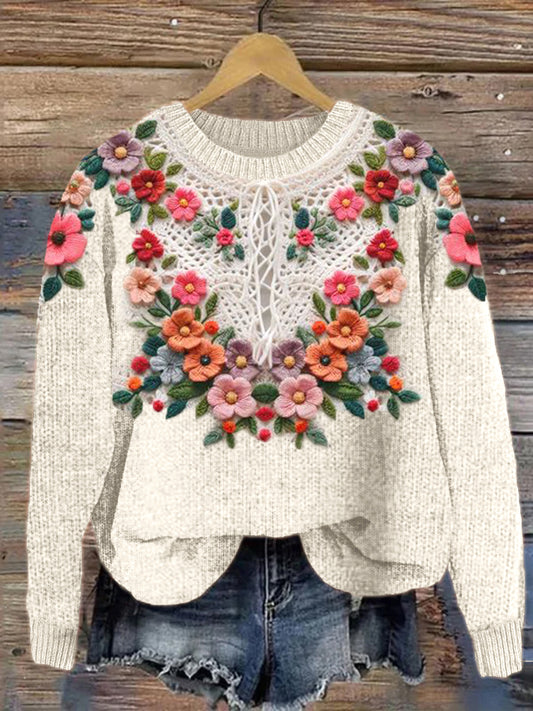 Colorful Floral Embroidery Art Cozy Knit Sweater artswardrobe