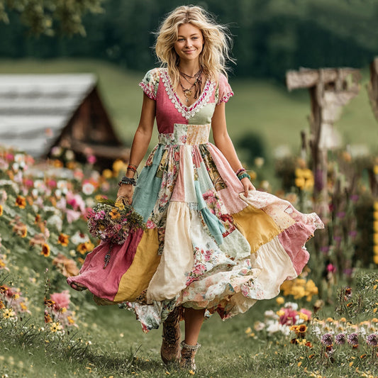 Women's Vintage Boho Floral Art Patchwork Comfy Maxi Dress artswardrobe