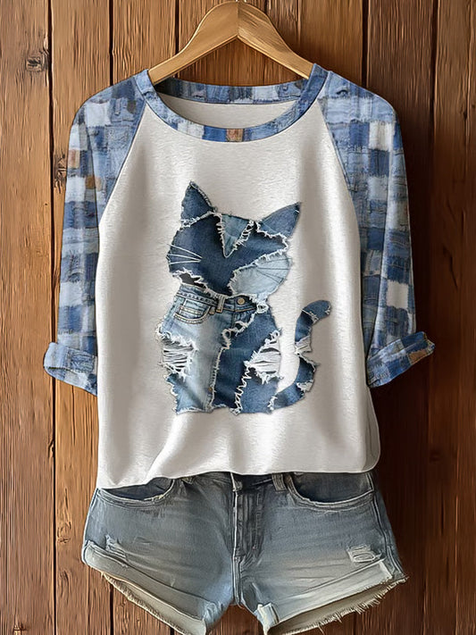 Women's Retro Funny Animal Cat Print Raglan Sleeve T-shirt elevenforest
