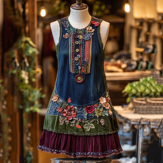 Vintage Floral Patchwork Art Sleeveless Dress artswardrobe