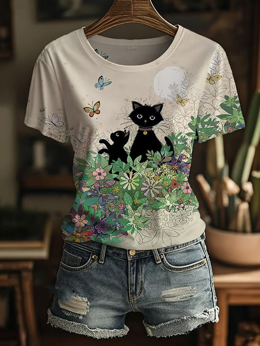 Women's Casual Art Cat Print T-shirt elevenforest