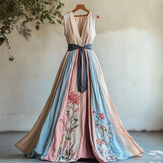 Floral Embroidered Transgender Colorblock Linen Maxi Dress artswardrobe