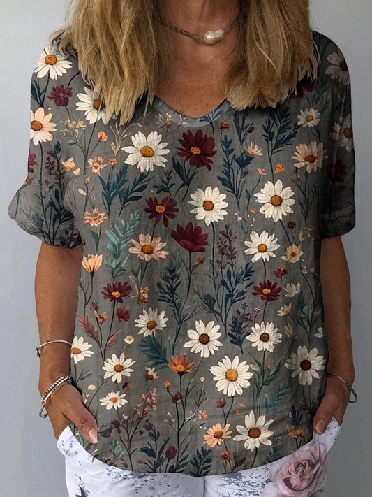 Spring Daisy Field Pattern Printed Women's Casual Cotton And Linen Shirt