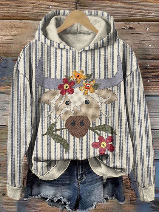 Highland Cow & Floral Pattern Cozy Striped Hoodie artswardrobe