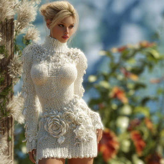 Comstylish Women's Bohemian Style White Rose High Neck Tight Knit Dress