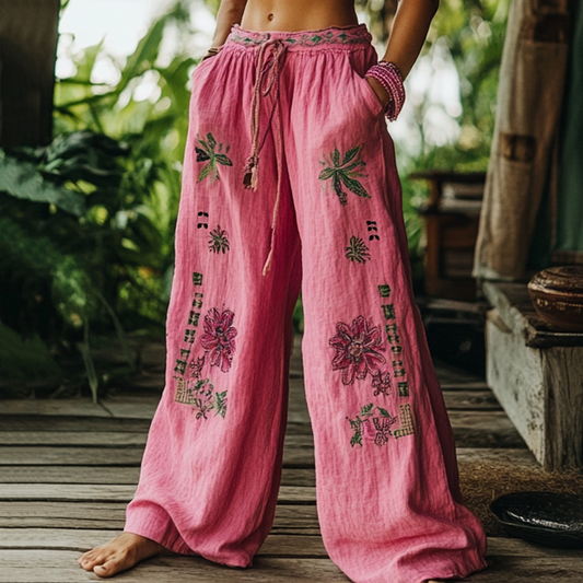 Vintage Bohemian Floral Art Printed Cotton Linen Wide Leg Pants artswardrobe