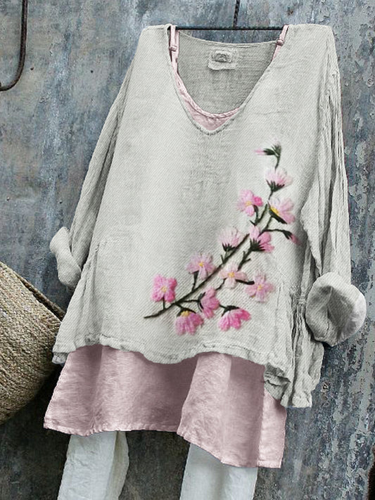 Comstylish Japanese Cherry Blossom Embroidered Linen Tunic