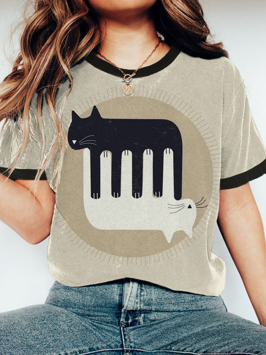 Black and White Piano Key Cat Print Women's Short Sleeve T-Shirt elevenforest