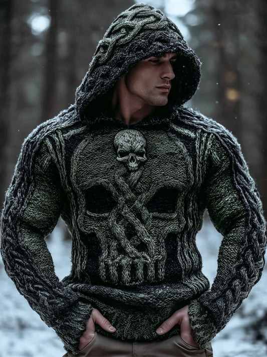 Vintage Viking Evil Skull Men's Chunky Knit Twist Hooded Sweater elevenforest