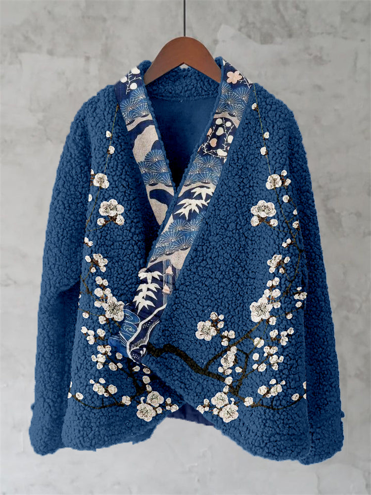 Comstylish Vintage Japanese Art Pattern Fleece Kimono Cardigan