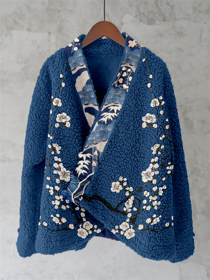 Comstylish Vintage Japanese Art Pattern Fleece Kimono Cardigan