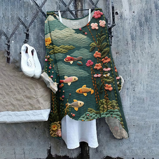 Comstylish Vintage Flower And Fish Loose Linen Cozy Shirt Tunic Top