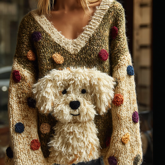 Lady Retro Cute Dog Plush Comfortable Knitted Sweater artswardrobe
