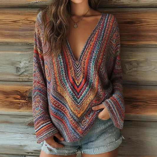 Comstylish Women's Striped Art Print Casual V-neck Long Sleeve Top