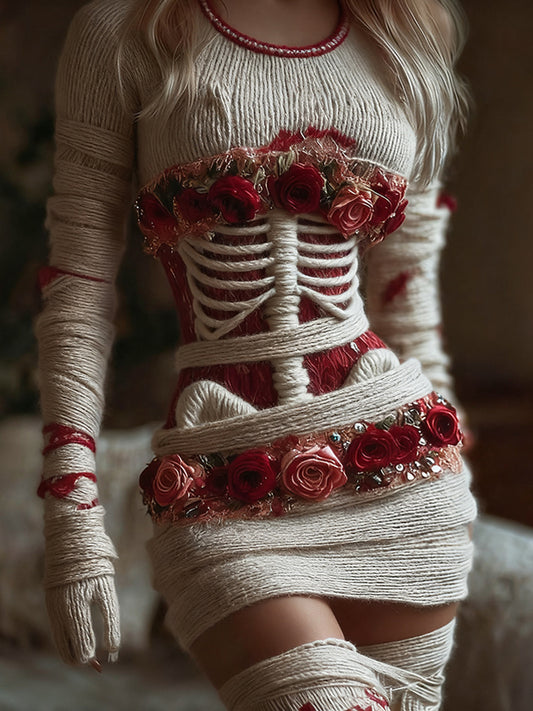 Comstylish Women's Halloween Skeleton Skeleton And Rose Round Neck Mini Skirt