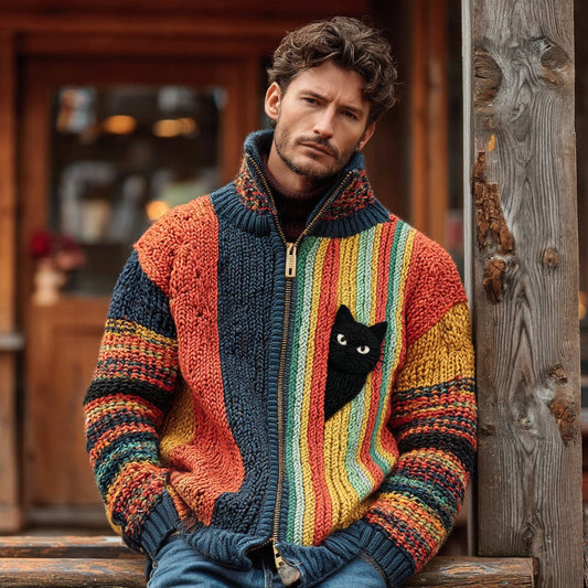 Men's Cute Black Cat Hiding In Stripes Color Block Jacquard Zipper Up Knitted Cardigan elevenforest