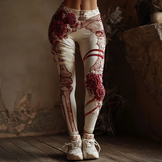 Comstylish Women's Halloween Red Rose Skeleton Leg Bone Art Casual Leggings