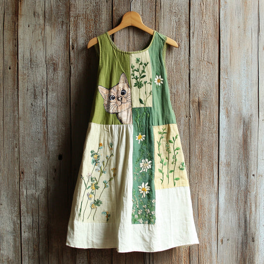 Vintage Cute Cat Floral Patchwork Midi Dress elevenforest