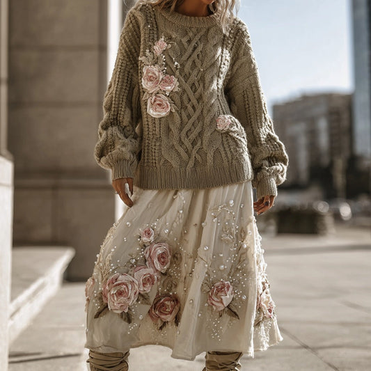 Vintage Rose Pattern Cable Knit Sweater And Linen Skirt Two-piece Set elevenforest