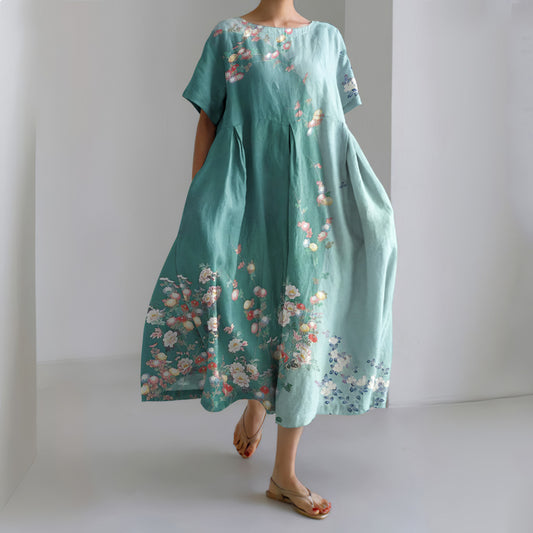 Comstylish Japanese Art Flower Print Round Neck Casual Midi Dress