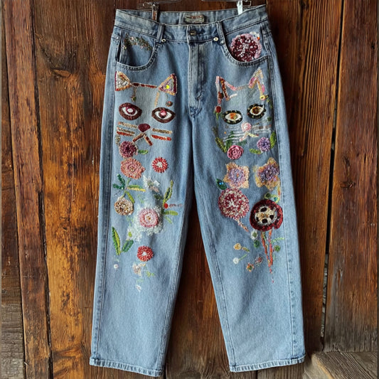 Comstylish Women's Bohemian Style Small Cat Pattern Floral Pants