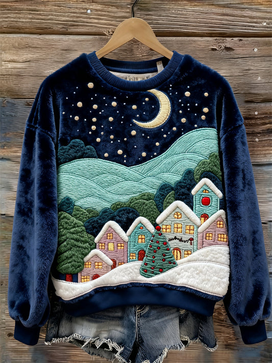 Comstylish Christmas Snowy Silent Night Landscape Cozy Plush Sweatshirt
