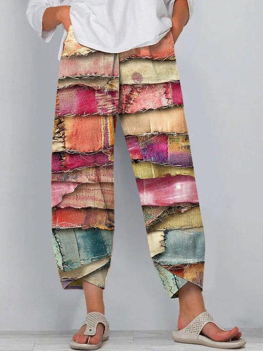 Women's Vintage Multicolor Patchwork Art Linen Blend Pants artswardrobe
