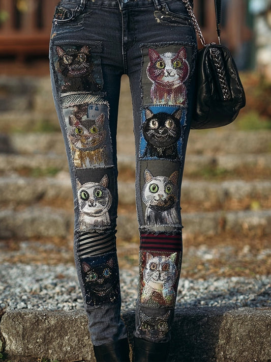 Comstylish Lovely Cats Patchwork Vintage Washed Skinny Jeans