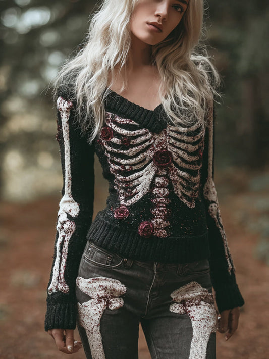 Women's Halloween Skeleton Rose Bloodstained Sexy V-neck Sweater artswardrobe