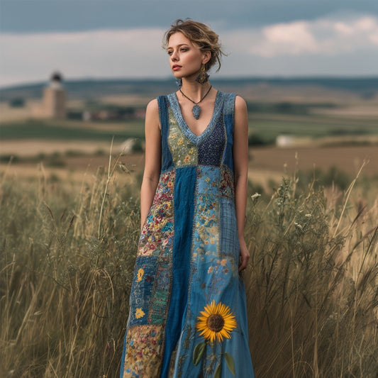Vintage Cottagecore Blue Floral Patchwork Linen Maxi Dress artswardrobe